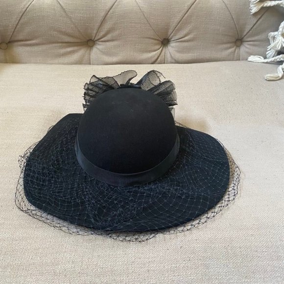 Geo W Bollman CO Black Wool Hat Flower Netting Ribbon USA Vintage main image 6